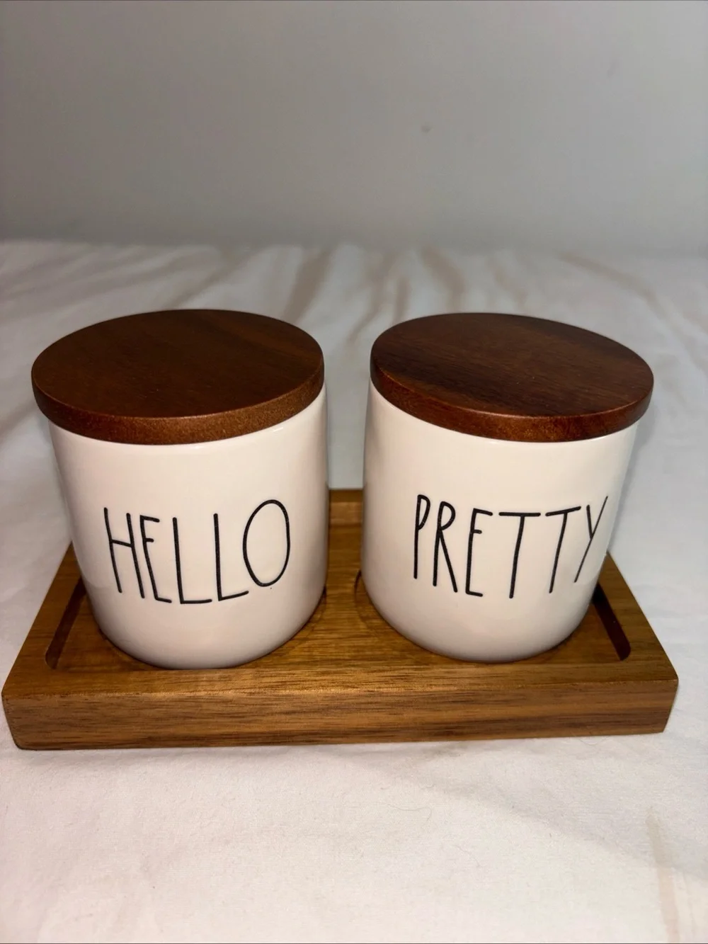 Rae Dunn  'Hello' and 'Pretty' Bathroom Storage Jars with Wooden Lids -